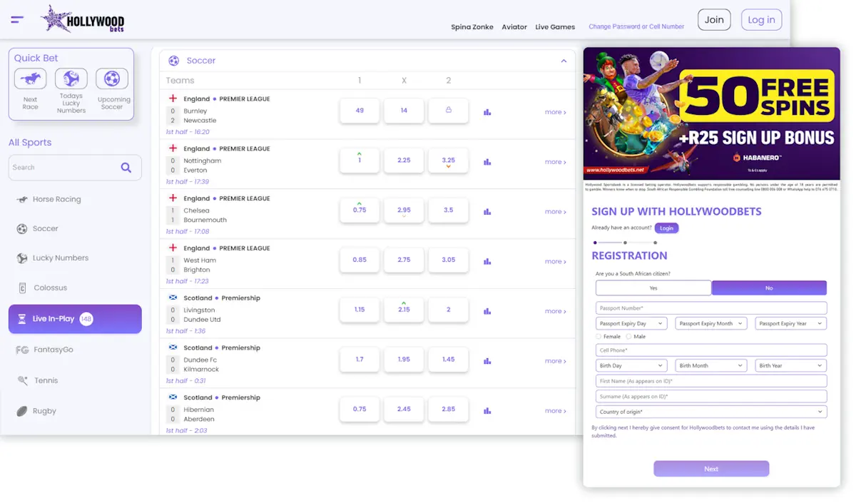 HollywoodBets Live Betting and Registration Screenshot